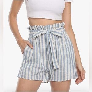 Blue and White Striped Women Shorts linen flowy w tie pockets NIB comfortable